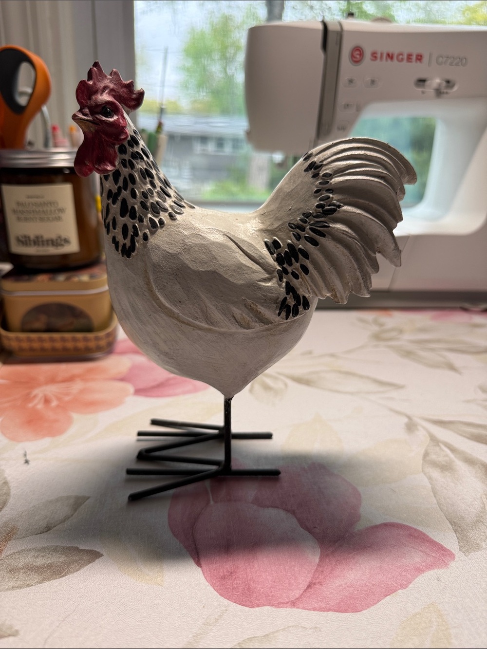 Decorative Rooster Statue - White & Black with Red Comb